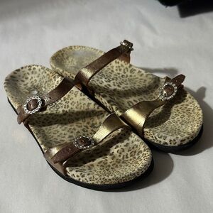 MEPHISTO Metalic Copper Toned Leopard Print Slip on Sandals with Buckles EU 35